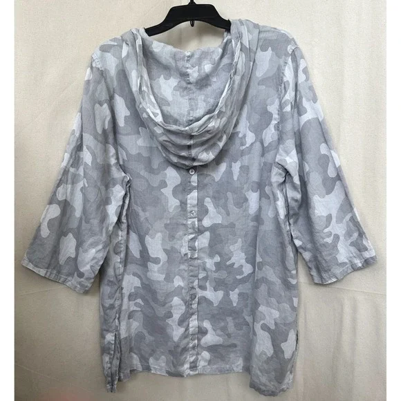C&C California Beachy Grey Camo 100% Linen Hooded Tunic Plus Sz. 1X Button Back - Picture 3 of 10